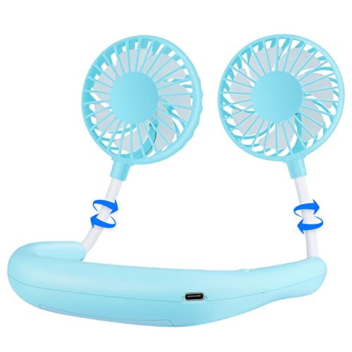 Haomaomao Portable Neck Fan 2500 mAh Rechargeable USB Hands-Free Mini Face Cooling Personal Double Headed Rotatable Small Fan for Working Office Reading Traveling Outdoor Sport - color: Blue