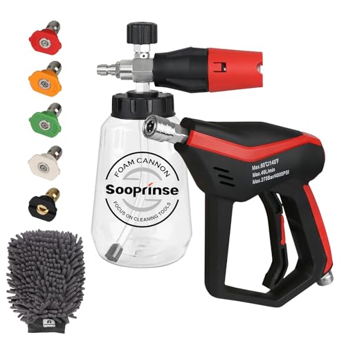 Sooprinse Short Pressure Washer Gun with Foam Cannon, Foam Cannon for Pressure Washer, 1/4 Inch Quick Connector, 5 Nozzle Tips with Car Wash Mitt, 1 Liter - color: Black Red