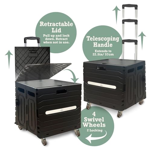 Inspired Living Collapsible Folding Utility Cart, Heavy-Duty Rolling Crate with 360° Wheels, Telescoping Handle, Hidden Lid, Holds 200 Lbs, Black