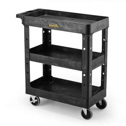 ELAFROS 3-Shelf Heavy Duty Plastic Rolling Utility Cart, 34 x 17 x 38.5 in | 550 lbs Capacity, Deep Shelves, 4 Swivel Wheels, Service Cart, Tool Cart, Work Cart, Garage Warehouse Shop Storage Organizer