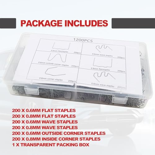 1200 Plastic Welder Staples - 6 Types Hot and Wave Staples for Car Bumper Repair, Architectural Modeling, and Plastic Craft Welding Supplies