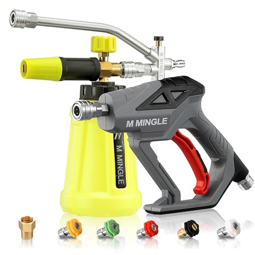 M MINGLE High Pressure Washer Gun with Foam Cannon, Foam Cannon Dual Connector Accessory, Car Wash Foam Gun Kit 1/4 Inch Quick Connector, 5 Pressure Washer Nozzle Tips - color: yellow+silver