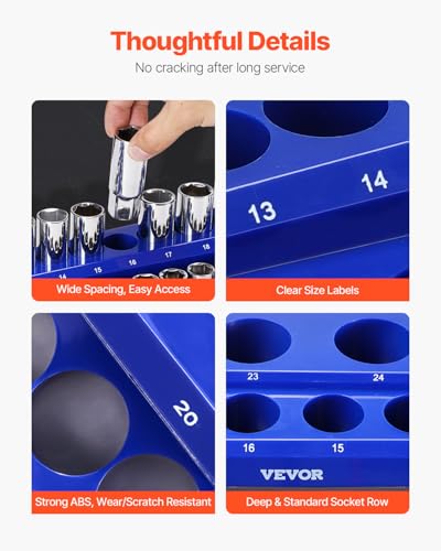 VEVOR Magnetic Socket Organizer Set, 8PCS Socket Holder, 1/4'', 3/8'' & 1/2'' Metric SAE Socket Trays with Clear Labels, Hold up to 199PCS Standard & Deep Sockets, Blaue & Red (Sockets Not Included) - style: 8pcs Metric & SAE