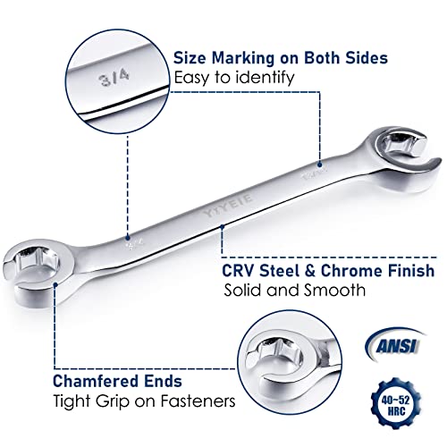 YIYEIE 11-Piece Flare Nut Wrench Set Bunlde, Metric & SAE, 9-21mm & 1/4" to 15/16'', 6 Point Open End, 15° Offset, CR-V Steel, Line Wrenches with Carrying Pouch