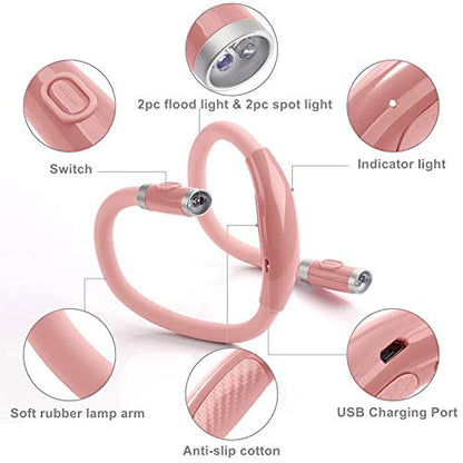 LED Neck Reading Light, Book Light for Reading in Bed,3 Brightness Levels， Rechargeable, Long Lasting, Perfect for Reading, Knitting, Camping, Repairing (Light Pink) - color: Light Pink