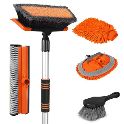 Wontolf 62'' Car Wash Brush with Long Handle, Scratch-Free Soft Bristles Sturdy Car Wash Mop, Complete Cleaning Brush Kit Wash Mitt Towel Windshield Squeegee Wheel Tire Brush for Car Truck RV Orange - color: Orange