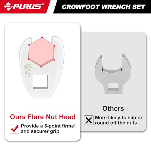 PURUS 13PCS 1/2 Drive Crowfoot Wrench Set, Large Sizes 20mm to 32mm Flare Nut Crow foot Wrenches with 14.7" Breaker Bar & 5" Extension Rod, Heavy Duty Mechanic Tools for Automotive & Truck Repair