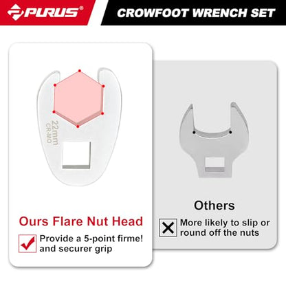 PURUS 13PCS 1/2 Drive Crowfoot Wrench Set, Large Sizes 20mm to 32mm Flare Nut Crow foot Wrenches with 14.7" Breaker Bar & 5" Extension Rod, Heavy Duty Mechanic Tools for Automotive & Truck Repair