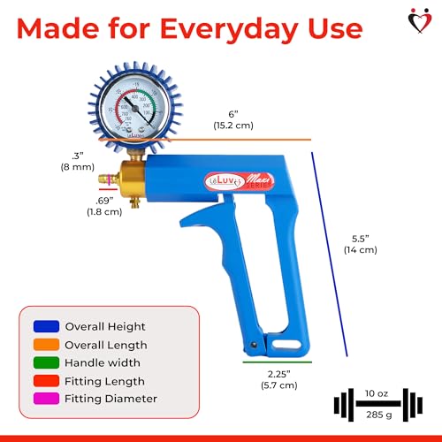 LeLuv Maxi Vacuum Pump - Manual Hand Vacuum (0-30 Hg, 0-760 mmHg) with Ergonomic Nylon Handle, Release Valve, & Rubber Protected Pressure Gauge (1/8" NPT), Compatible with LeLuv Pump Series - Blue - color: Blue