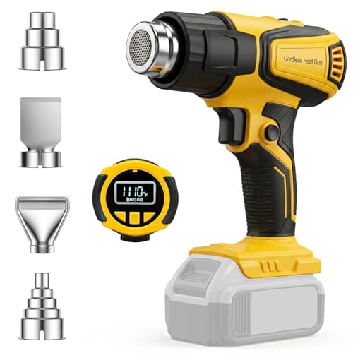 Cordless Heat Gun Compatible with Dewalt 20V Battery,Adjustable Temp 120℉–1110℉,LED Light,Portable Hot Air Gun LCD Digital Display & 4 Nozzles For Shrink Tubing (Tool Only, Not Made by Dewalt)