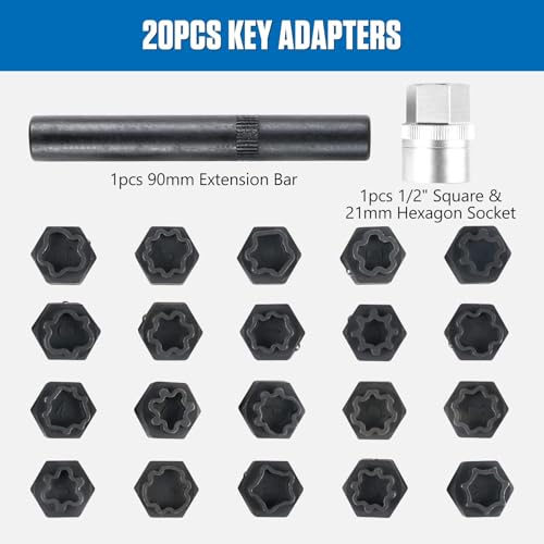 22 PCS Wheel Locks Kit Compatible with Audi Series, Lug Nut Removal Set With Adapter, Automotive Wheel Lock Nuts Key Socket Set