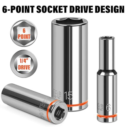 1/4" Drive Metric Master Socket Set, 14-Piece Deep Hex Socket Set (4mm-15mm), Cover Most Commonly Sizes, 6 Point, Chrome Vanadium Steel with Molded Case - size: Deep, style: 14pcs-metric