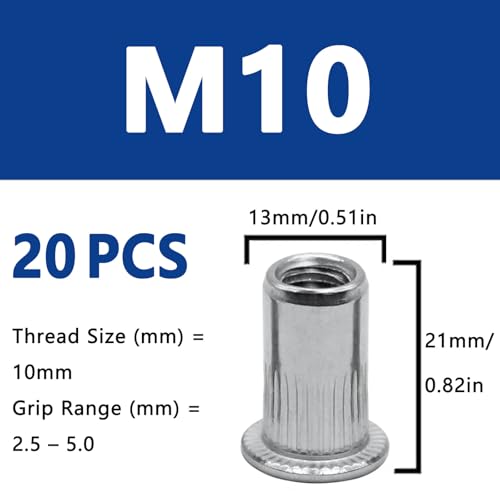 20Pcs M10 Rivet Nuts, 304 Stainless Steel Flat Head Rivnut Threaded Insert Nutsert - color: Silver, size: M10