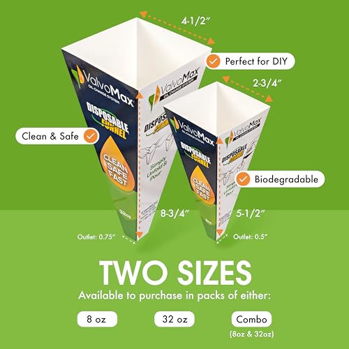 ValvoMax Disposable Funnels, 24-Pack (Combo) – Glossy Cardstock Paper Funnels for Oil Changes, Automotive Fluids, Coolant, and Household Liquids - size: Combo - Both Sizes (Pack of 24)