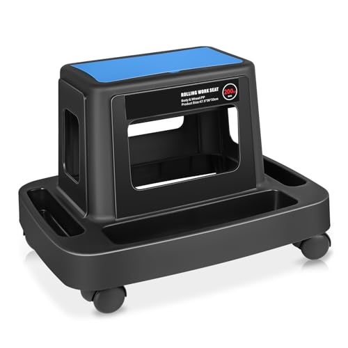 Portable Rolling Tool Seat with Functionality Built-in Storage Compartment Accessory Tray Fits Auto Mechanics Workshops, Blue/Black - color: Blue