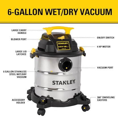 STANLEY SL18116 Wet/Dry Vacuum, 6 Gallon, 4 Horsepower, Stainless Steel Tank, 4.0 HP, Silver+Yellow