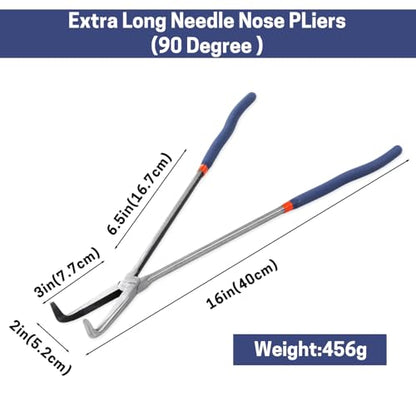 16'' Extra Long Needle Nose Pliers for Narrow and Limited Spaces | 90-Degree Angled Nose, Long Reach Design, CRV Steel, Comfortable Grip, for Mechanics, Electricians, DIYers and Homeowners - style: 16'' 90 Degree Angle