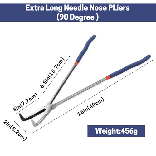 16'' Extra Long Needle Nose Pliers for Narrow and Limited Spaces | 90-Degree Angled Nose, Long Reach Design, CRV Steel, Comfortable Grip, for Mechanics, Electricians, DIYers and Homeowners - style: 16'' 90 Degree Angle