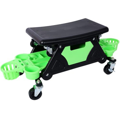 Mechanic Creeper Seat, Rolling Garage Stool with Detachable Cushion, Storage Drawer, Tool Trays, 300 lbs Heavy Duty, 360° Swivel Wheels for Auto Repair Workshop, Green