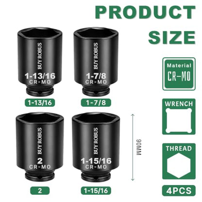 4PCS 1/2" Drive Spindle Axle Nut Impact Socket Set, 1-13/16, 1-7/8, 1-15/16, 2 Inch, CR-MO, Deep, 6 Point - size: 1/2 4pcs socket set sae