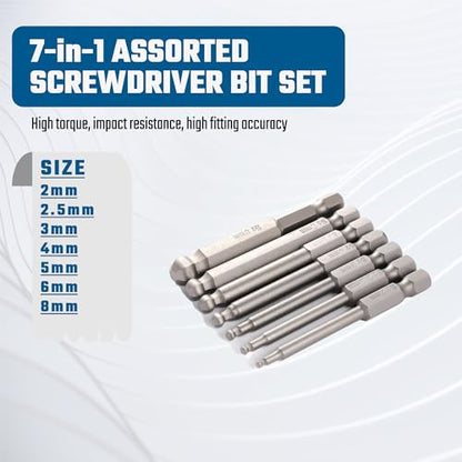 VESTTIO Ball End Hex Head Metric Allen Wrench Drill Screwdriver Bit Set 7PCS 1/4 Inch Hex Shank 2.56 Inch/65 mm Length S2 Steel with Magnetic for Power Screwdriver Drill Impact Driver - size: 7 BALL / 2.56 inch
