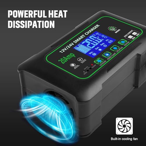 20 Amp Smart Battery Charger, 12V/20A and 24V/10A Car Battery Charger, Trickle & Maintainer Pulse Repair for Lithium, Lifepo4, Lead-Acid (AGM/Gel/SLA), Boat, Motorcycle, Golf Cart, Tractors - color: 20A-green