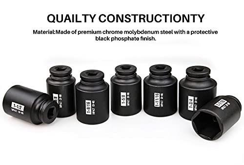 7Pcs 1/2" Drive Deep 6-Point Impact Socket Set/Spindle Nut Impact Socket Set, Inch, Cr-Mo,1-3/8-Inch - 1-3/4-Inch - size: 7PC