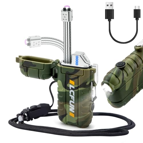 LcFun USB Rechargeable Electric Arc Lighters Windproof Plasma Lighter with LED Battery Display, Waterproof Matches with Flashlight for Camping, Survival Tactical Gear - color: Camouflage, style: Flexible Arc With Flashlight
