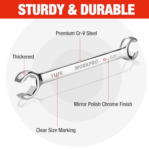 WORKPRO 4-Piece Flare Nut Wrench Set, SAE Brake Line Wrenches, 1/4", 5/16", 3/8", 7/16", 1/2", 9/16", 5/8", 11/16", Cr-V Steel, 15° Offset Head Tubing Wrench, Organizer Pouch Included - size: SAE
