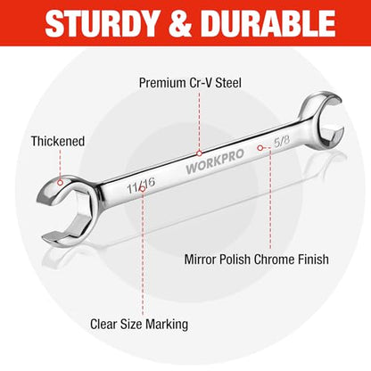 WORKPRO 4-Piece Flare Nut Wrench Set, SAE Brake Line Wrenches, 1/4", 5/16", 3/8", 7/16", 1/2", 9/16", 5/8", 11/16", Cr-V Steel, 15° Offset Head Tubing Wrench, Organizer Pouch Included - size: SAE