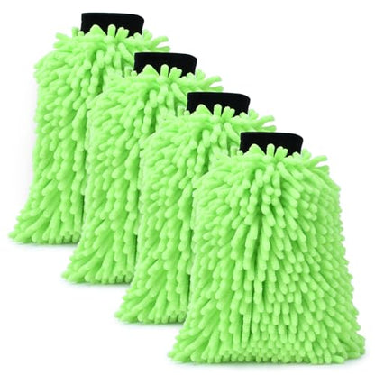4Pcs Car Wash Mitt Microfiber Gloves Chenille Material Microfiber Towels for Car Washing Supplies Kit Scratch Free Cleaning Fluorescent Green - size: Fluorescent Green-4Pcs