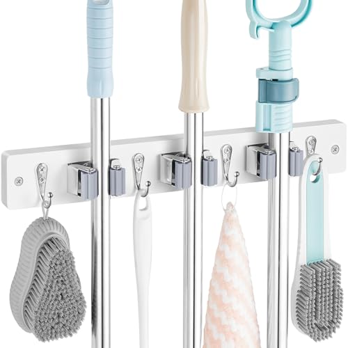 OUTNILI White Mop Broom Holder Wall Mount with 3 Slots & 4 Hooks - Wood Broom Mop Hanger for Pantry Kitchen Organization - Garden Tool Organizer for Closet Laundry Room - color: White-3 Grips, size: 1 Pack