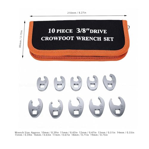 Aramox Crows Foot Wrench Set, 45 Steel Flare Nut Wrench Kit, 10 Piece 3 8 Inch Drive 10 19mm for Brake Fuel Hydraulic Line Automotive Tight Spaces