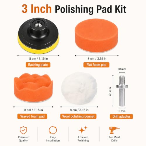 6Pcs 3" Wool Polishing Pad Kit with M10 Drill Adapter, Drill Buffer Attachment for Car Polishing Waxing, Foam Buffing Pads Set for Auto Detailing, Headlight Restoration, Metal Wood Resin Glass Surface