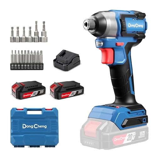 Dong Cheng 20V 1/4" Brushless Impact Driver, 1460 in-lbs Cordless Impact Driver, 2x 2.0Ah Batteries, 3-Speed, 4.9" Compact Impact Driver for Cabinetry, Deck Building & HVAC Installation - style: 1460 in-lbs, 2x Battery