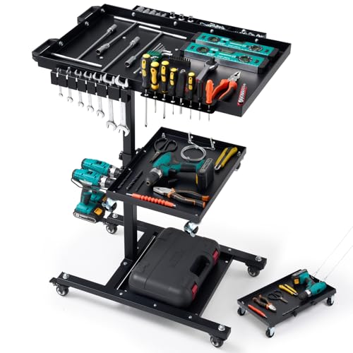 OLBRUS Rolling Work Table Adjustable Height - 3-Tier Removable Tool Cart with Wheels, Portable Mechanic Organizer with Drill Storage & Lockable Casters for Garage, Workshop, Bicycle Repair