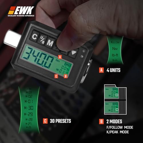 EWK 1/2-inch Drive Digital Torque Adapter 12.5–250 ft-lbs (17–340 Nm), Heavy Duty Electronic Torque Wrench Adapter for 1/2" Ratchets, LED Display and Buzzer Alert, Torque Tester and Calibration Tool