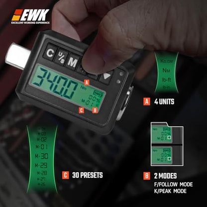 EWK 1/2-inch Drive Digital Torque Adapter 12.5–250 ft-lbs (17–340 Nm), Heavy Duty Electronic Torque Wrench Adapter for 1/2" Ratchets, LED Display and Buzzer Alert, Torque Tester and Calibration Tool