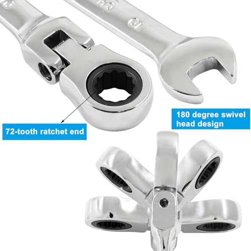 3Pcs Flexible Ratchet Wrenches Set, 10mm | Chrome Vanadium Steel, Gear Wrench for Versatile Gear Ring Ratcheting Combination, 5° Movement, 72 Teeth