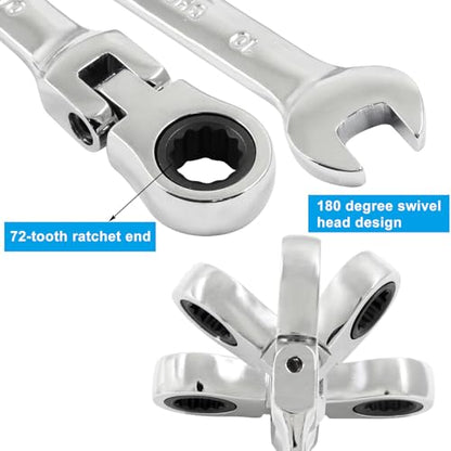 3Pcs Flexible Ratchet Wrenches Set, 10mm | Chrome Vanadium Steel, Gear Wrench for Versatile Gear Ring Ratcheting Combination, 5° Movement, 72 Teeth