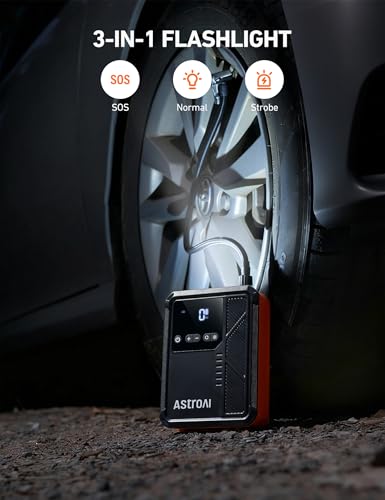AstroAI Beta822 3000A Jump Starter with Air Compressor, 150PSI Portable Tire Inflator with Auto-Shutoff, 12V Car Battery Booster (9.0 Gas/7.0L Diesel) with LED Light and Jumper Cables, Black - color: 3000A-Black
