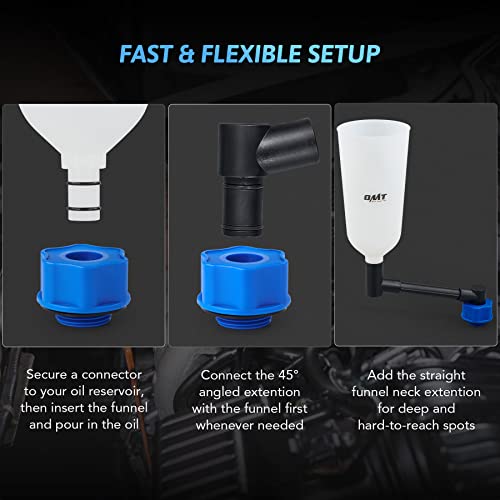OMT Engine Oil Funnel Set, 2-Quart Spill-Free Filling Kit, 8 Adapters | Nylon & Steel Build; Flexible Extension Tube, No-Mess Refills, Coolant & Fluid Changes, Automotive Mechanics, DIY Vehicles