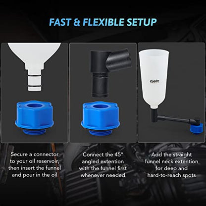 OMT Engine Oil Funnel Set, 2-Quart Spill-Free Filling Kit, 8 Adapters | Nylon & Steel Build; Flexible Extension Tube, No-Mess Refills, Coolant & Fluid Changes, Automotive Mechanics, DIY Vehicles