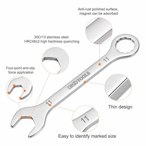HARFINGTON 2pcs Thin Combination Wrench 11mm Offset 6-Point Ended Box & 15° Angled Open End Mini Combination Wrench 30Cr13 Stainless Steel Quenching Polish Metric Spanner for Auto Repairs - size: 11mm