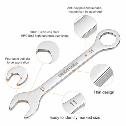 HARFINGTON 2pcs Thin Combination Wrench 11mm Offset 6-Point Ended Box & 15° Angled Open End Mini Combination Wrench 30Cr13 Stainless Steel Quenching Polish Metric Spanner for Auto Repairs - size: 11mm