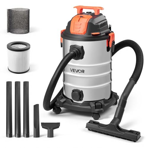 VEVOR Shop Vac, 8 Gallon Wet Dry Shop Vacuum, 6 Peak HP with One-Button Self-Cleaning, Dual-Filter, 900W Input Power, 1.25in x 7ft Hose, 9.8ft Cord, Metal Tank for Jobsite, Workshop, Garage, Home - color: Stainless Steel, size: 8 Gal+6 Peak HP+Wet/Dry