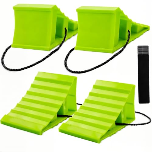 4 Pack Wheel Chocks, Heavy Duty Non Slip Wheel Chocks with Rope | Plastic Hard Wheel Stoppers Block for Camper Cars, RV Trailer, Trucks (Green) - color: Green
