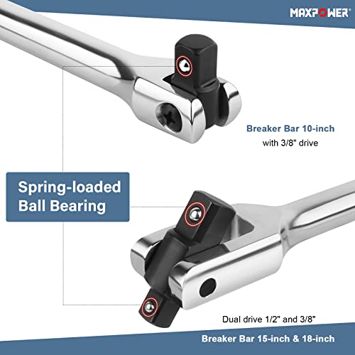 MAXPOWER 3-pieces Breaker Bar Set 10" 15" 18" | Dual Drive 1/2" and 3/8" Breaker Bars, Flexible Flex Handle Phosphate Head - size: Set: 10 inch, 15 inch, 18 inch