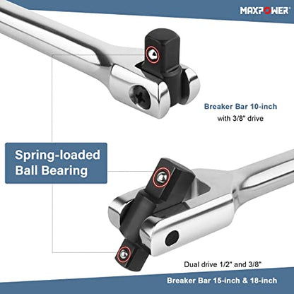MAXPOWER 3-pieces Breaker Bar Set 10" 15" 18" | Dual Drive 1/2" and 3/8" Breaker Bars, Flexible Flex Handle Phosphate Head - size: Set: 10 inch, 15 inch, 18 inch