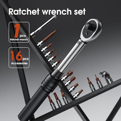 17 Piece Small Torque Wrench Set (5-30nm), 1/4" Drive Click, 72 Teeth Bidirectional Torque Wrench, ±3% Accuracy，Professional Tool Set for Bicycles and Motorcycles